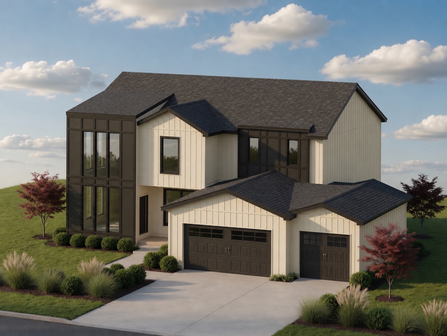 Modern farmhouse-style custom home built by Abode Custom Homes, featuring board-and-batten cream siding, espresso-brown trim, and a charcoal shingle roof.